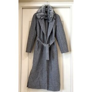 MARWA Premium Outerwear Gray Faux Fur Coat Sz M Open Belted Classic Full Length